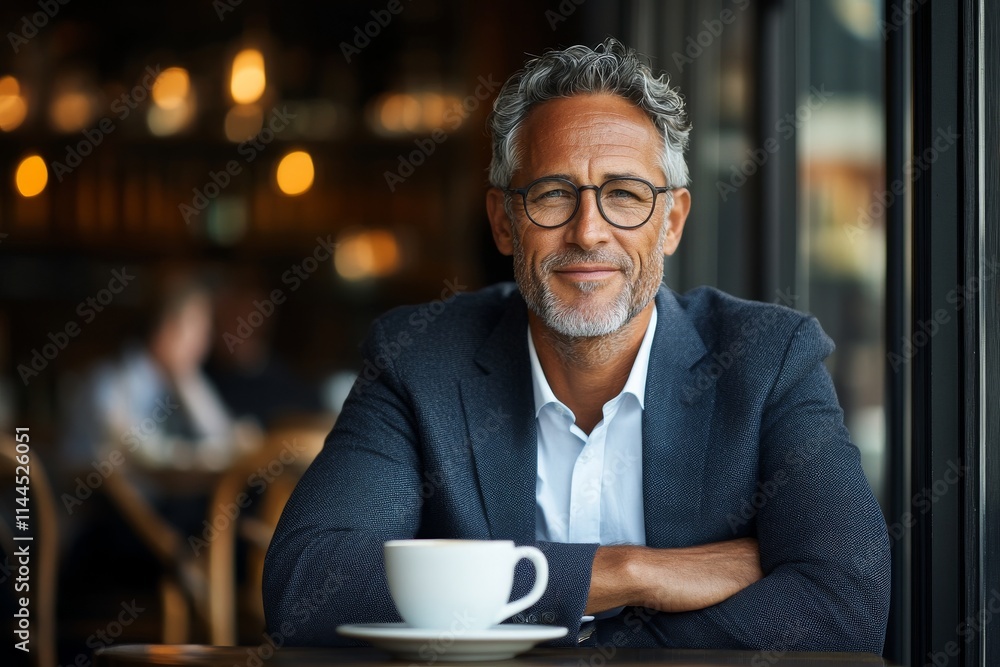 Smiling man sits at café table with coffee in modern interior during afternoon hours Smiling man sits at café table with coffee in modern interior during afternoon hours