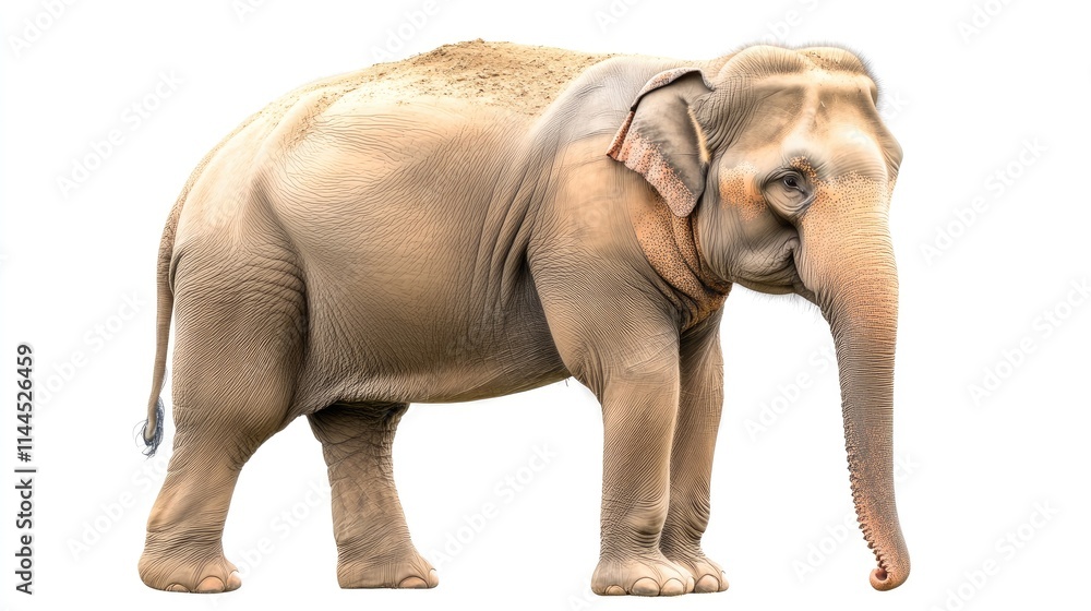 Fototapeta premium Digital art of a large, calm elephant, isolated on white, featuring clean lines, detailed skin texture, and a gentle pose that highlights its majestic beauty