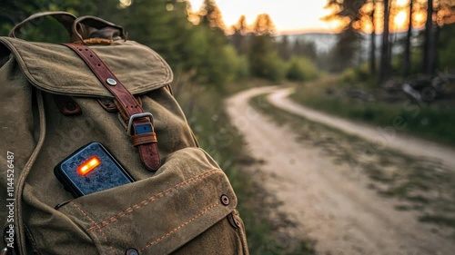Canvas Backpack Flap The scene captures the flap of a weathered canvas backpack with a pager poking out just enough to show its status light blinking in a warm orange. The
