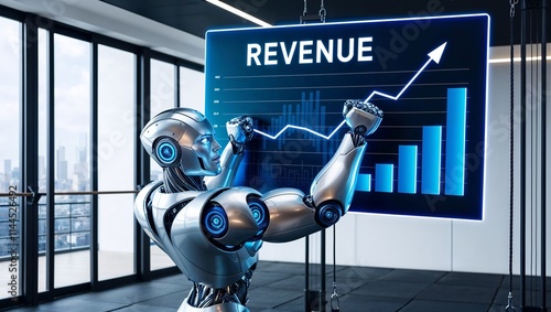 A sleek futuristic robot showcasing a financial chart with rising revenue, symbolizing technology driven business growth and innovation. photo