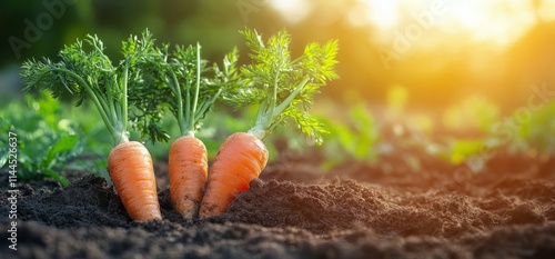 Freshly harvested carrots thrive in a sunlit garden, showcasing vibrant color...