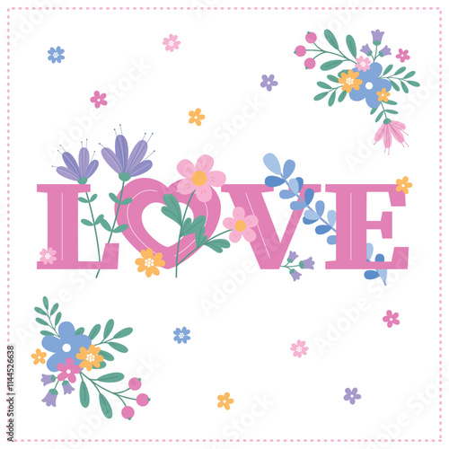 Valentine's Day card with the word 'Love' and flowers on a white background