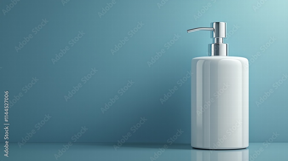 White soap dispenser with metallic pump on a blue gradient background. Modern bathroom accessory concept. White soap dispenser with metallic pump on a blue gradient background. Modern bathroom accessory concept.