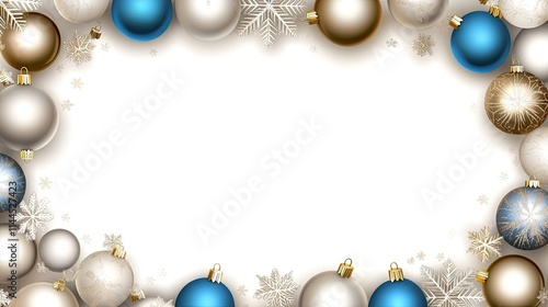 Elegant Christmas theme with silver and blue ornaments, soft snowflakes, and white space for text, clean and modern design