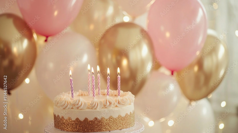 A close-up of elegantly arranged party decorations, including balloons and candles, at a birthday celebration A close-up of elegantly arranged party decorations, including balloons and candles, at a birthday celebration
