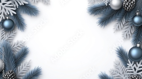 Elegant Christmas theme with silver and blue ornaments, soft snowflakes, and white space for text, clean and modern design
