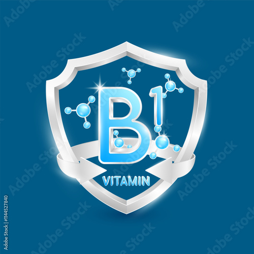 Blue vitamin B1 in silver shield with atom molecules surrounded by arrows. Nutrients necessary for building immunity and protect the body stay healthy. For nutrition products food. 3D Vector.