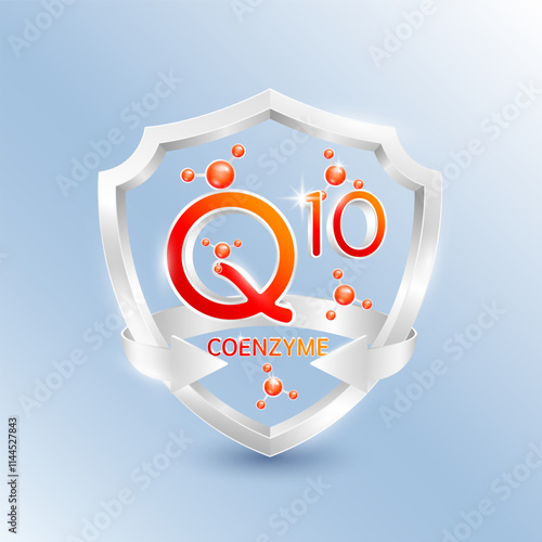 Red coenzyme Q10 in silver shield with atom molecules surrounded by arrows. Nutrients necessary for building immunity and protect the body stay healthy. For nutrition products food. 3D Vector.