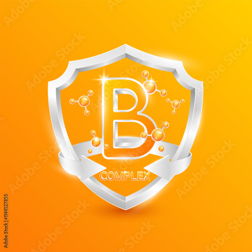 Orange vitamin B complex in silver shield with atom molecules surrounded by arrows. Nutrients necessary for building immunity and protect the body stay healthy. For nutrition products food. 3D Vector.