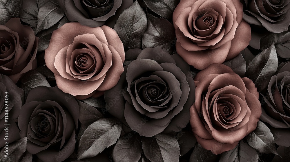 Elegant floral pattern featuring blooming roses in multiple shades, surrounded by rich green leaves, perfect for romantic visuals Elegant floral pattern featuring blooming roses in multiple shades, surrounded by rich green leaves, perfect for romantic visuals
