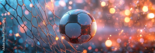 Soccer ball striking the net during a bright match under the evening sun with...