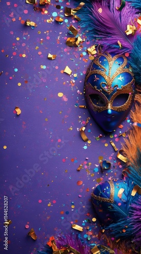 Colorful carnival masks adorned with feathers and sequins resting on a vibran...