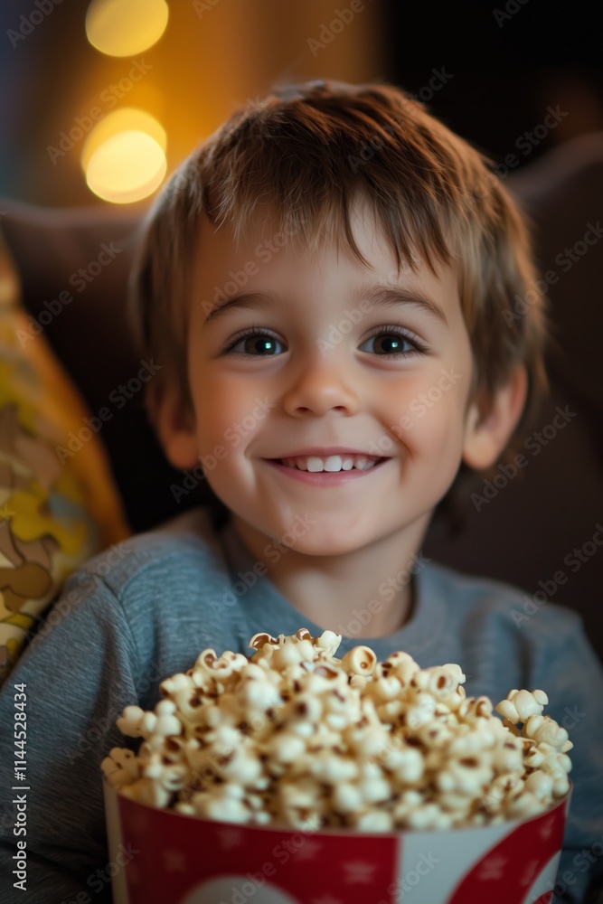 Naklejka premium A smiling boy holds a bowl of popcorn, radiating excitement and joy for an upcoming movie night ahead.