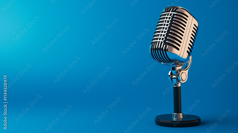 Fototapeta premium Retro Chrome Microphone on a Blue Background Timeless Broadcasting Theme