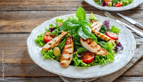 Fresh and Healthy Salad with Grilled Chicken and Mixed Vegetables on a Wooden Table