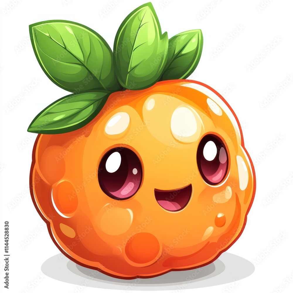 Obraz premium Cute cartoon orange fruit character with happy expression and green leaves.