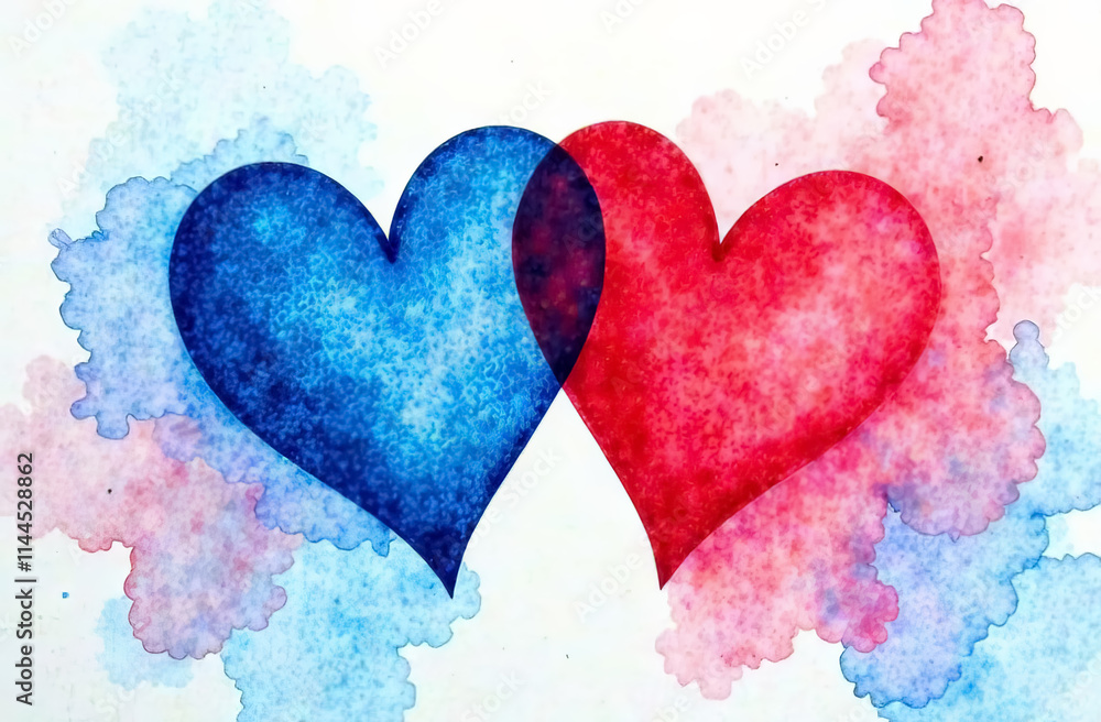 two hearts blue and red painted in gouache A postcard, a banner, a flyer, a Valentine's Day greeting card or on March 8, as well as for a wedding, with a place for the text. two hearts blue and red painted in gouache A postcard, a banner, a flyer, a Valentine's Day greeting card or on March 8, as well as for a wedding, with a place for the text.