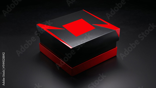 Premium black box with glossy red stripes, designed for hoodies, combining elegance and modernity in a sleek finish. photo