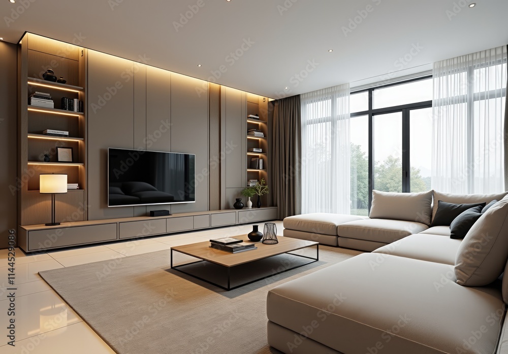 Contemporary room with large sectional sofa, lcd tv panel, neutral tones, and modern decor accents Contemporary room with large sectional sofa, lcd tv panel, neutral tones, and modern decor accents
