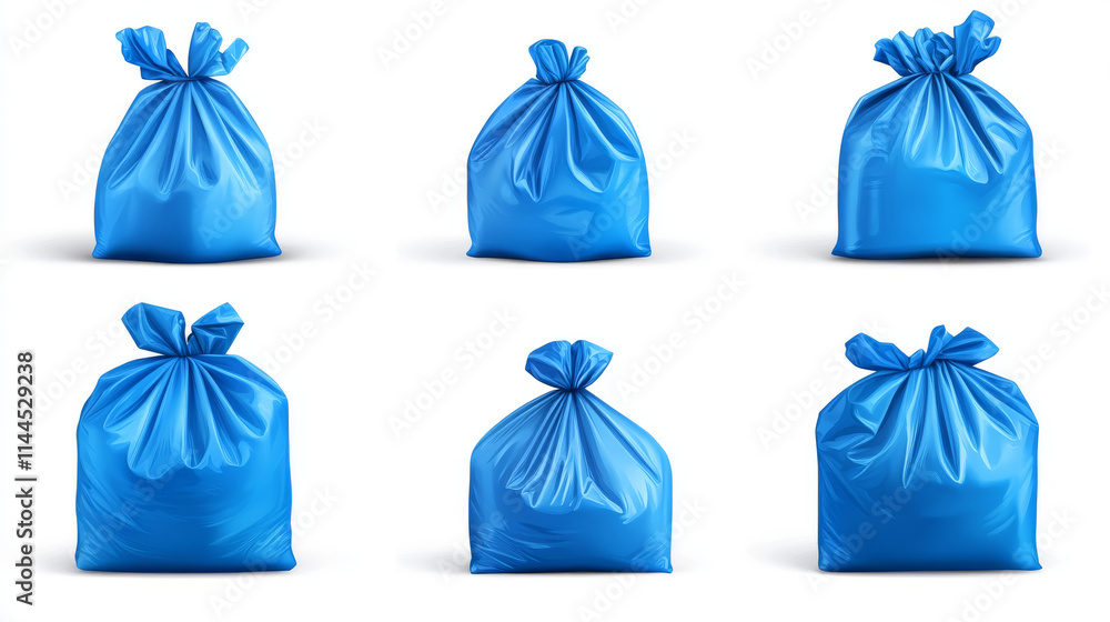 Trash bag mockup, plastic roll and sack full of garbage. Blue disposable package for rubbish and supermarket mock up. Household supplies for waste throw, isolated realistic 3d vector illustration set Trash bag mockup, plastic roll and sack full of garbage. Blue disposable package for rubbish and supermarket mock up. Household supplies for waste throw, isolated realistic 3d vector illustration set