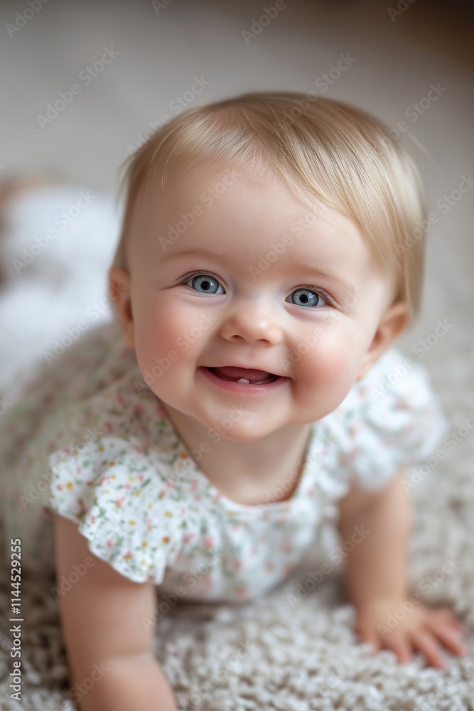 A delightful baby with blue eyes smiling while crawling on a cozy rug. A delightful baby with blue eyes smiling while crawling on a cozy rug.
