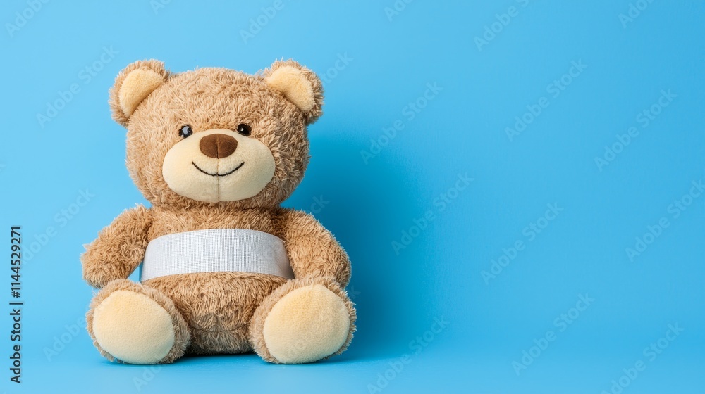 Teddy Bear with Bandage on Blue Background for Childhood Healing and Comfort Themes Teddy Bear with Bandage on Blue Background for Childhood Healing and Comfort Themes