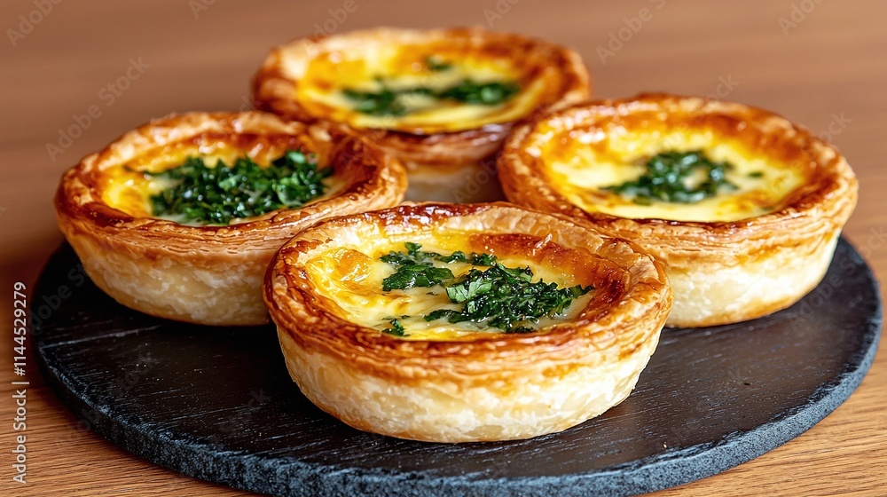 Delicious Mini Quiches with Fresh Herbs on Slate Plate Delicious Mini Quiches with Fresh Herbs on Slate Plate