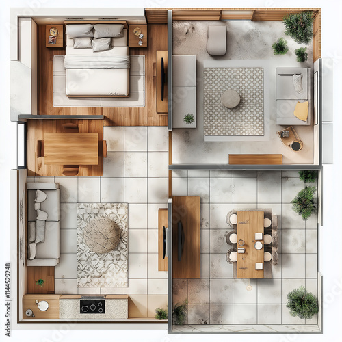 A top view of the floor plan for an apartment with two living rooms, one bedroom, and a kitchen. 