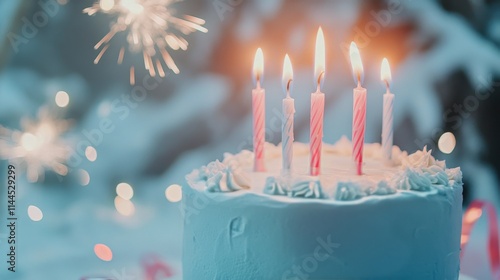 Colorful birthday cake with candles and festive decorations glowing brightly ...