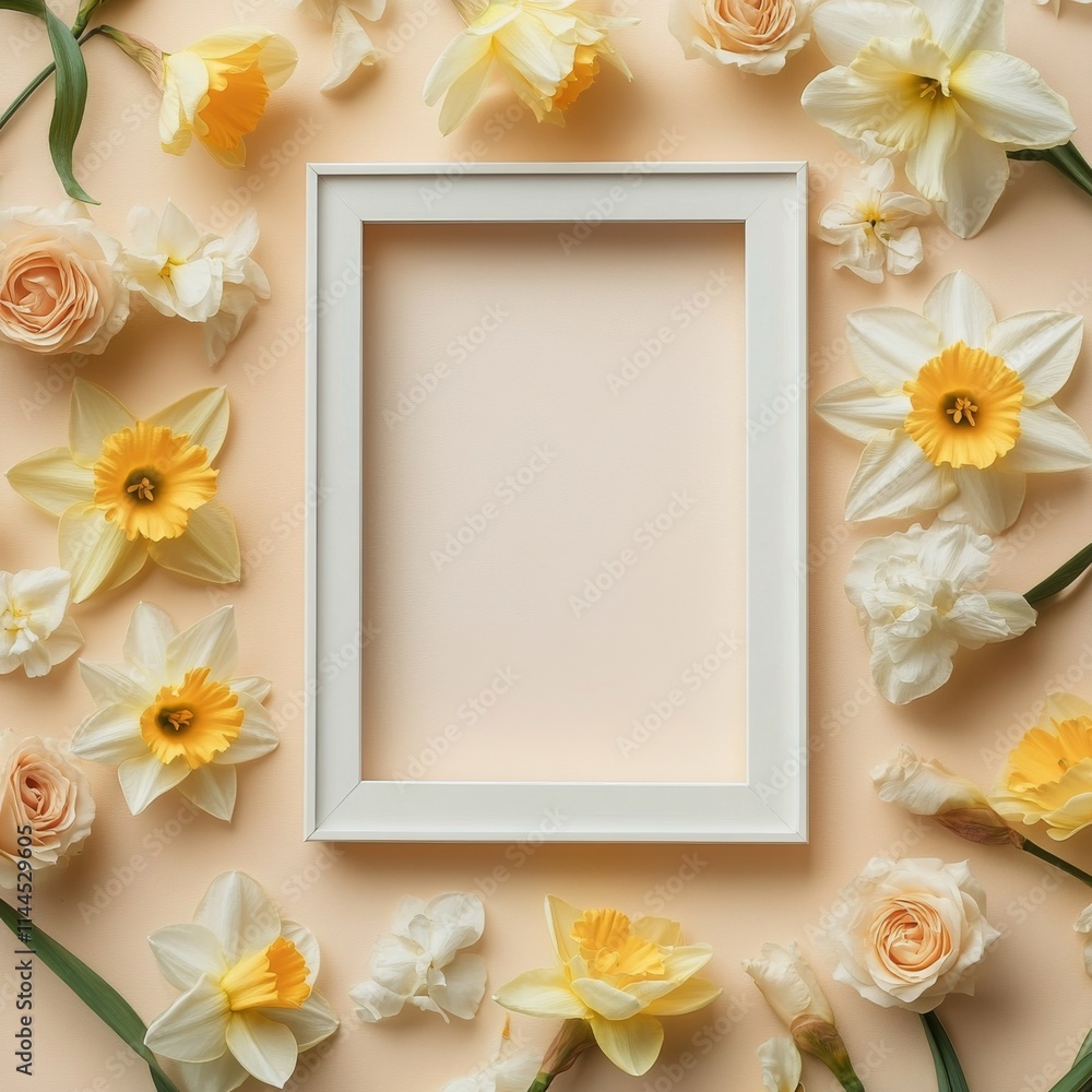 Vibrant floral arrangement featuring daffodils, roses, and empty picture frame on soft peach background for Vibrant floral arrangement featuring daffodils, roses, and empty picture frame on soft peach background for