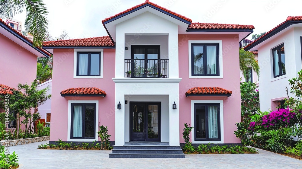 Charming Pink Villas with Balcony and Lush Greenery Charming Pink Villas with Balcony and Lush Greenery