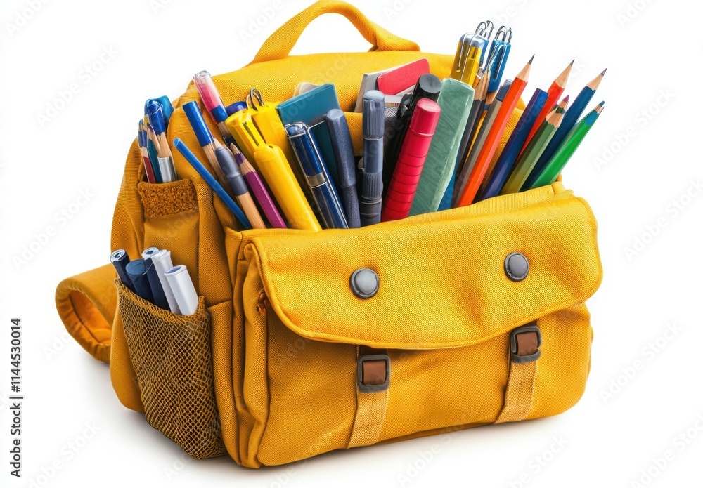 Bright Yellow Backpack Overflowing with Colorful Stationery Items, Including Pencils, Pens, Markers, and Highlighters on a White Background Bright Yellow Backpack Overflowing with Colorful Stationery Items, Including Pencils, Pens, Markers, and Highlighters on a White Background