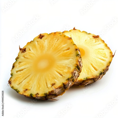 Freshly sliced pineapple showcases vibrant yellow interior and textured exter...