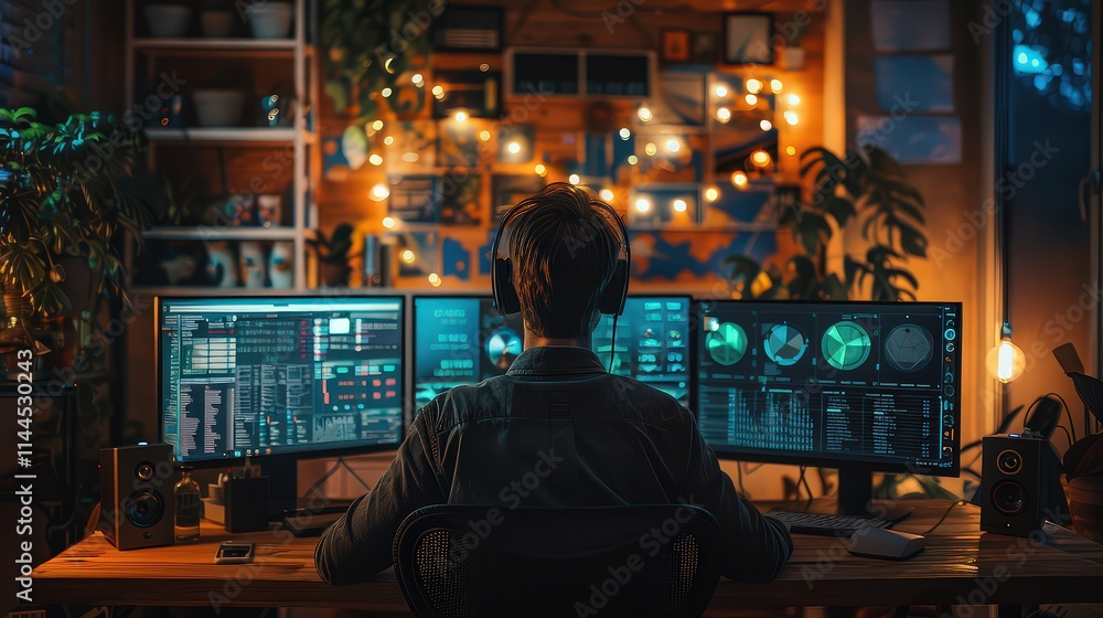 Data Scientist Analyzing Large-Scale Big Data Visualization on Multiple High-Resolution Screens in a High-Tech Research Lab Data Scientist Analyzing Large-Scale Big Data Visualization on Multiple High-Resolution Screens in a High-Tech Research Lab