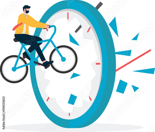 Business flat vector concept man break the clock metaphor of hard work. Illustration For Wallpaper, Banner, Background, Infographic, Book, And Web Landing Page.
