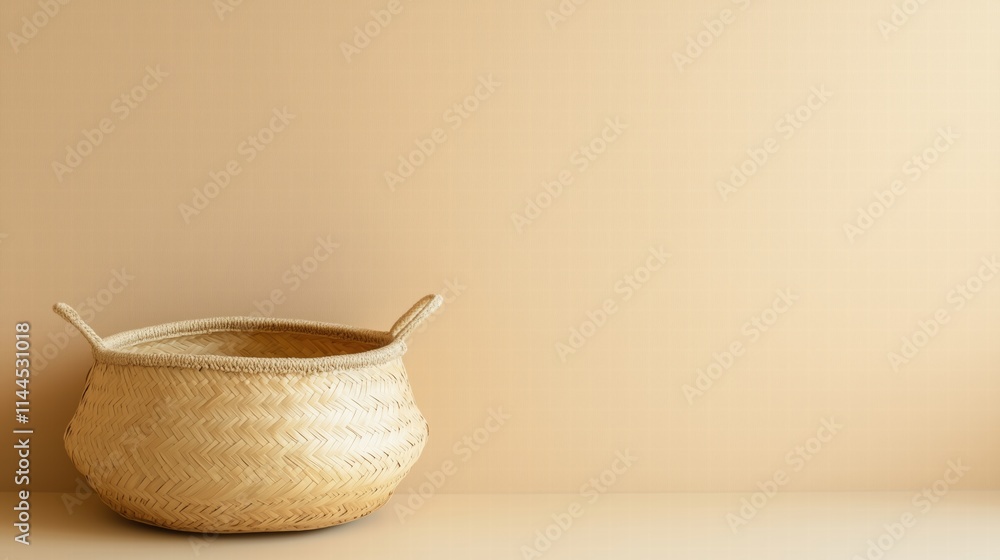 Natural woven basket on a neutral background. Eco-friendly home storage and decor Natural woven basket on a neutral background. Eco-friendly home storage and decor