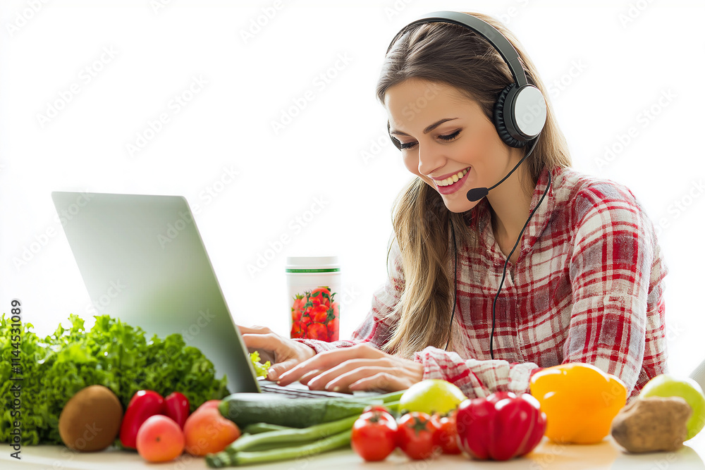 A young woman wearing headphones is smiling while sitting at her desk with fruits and vegetables on it A young woman wearing headphones is smiling while sitting at her desk with fruits and vegetables on it