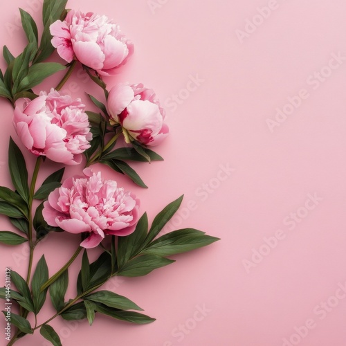 Beautiful arrangement of pink peonies on a soft pink background showcasing na...