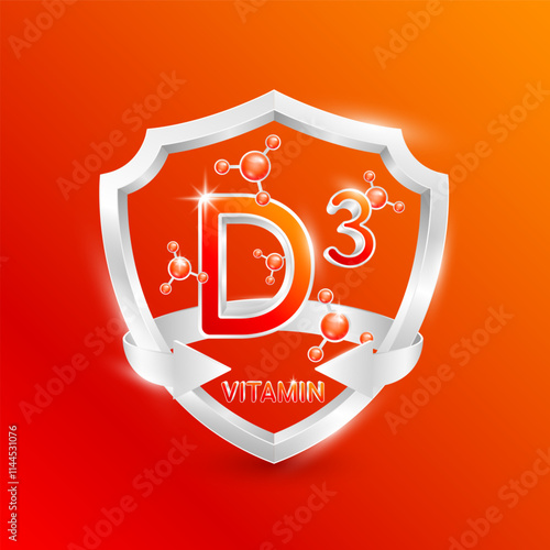Red vitamin D3 in silver shield with atom molecules surrounded by arrows. Nutrients necessary for building immunity and protect the body stay healthy. For nutrition products food. 3D Vector.