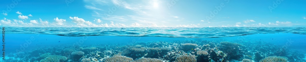 A vast coral reef platform extending into the horizon, teeming with aquatic life. A vast coral reef platform extending into the horizon, teeming with aquatic life.