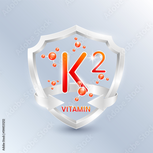 Red vitamin K2 in silver shield with atom molecules surrounded by arrows. Nutrients necessary for building immunity and protect the body stay healthy. For nutrition products food. 3D Vector.