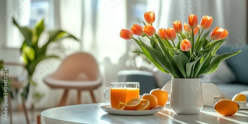 Fresh tulips and citrus juice in a bright living room with cozy decor, creati...