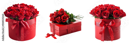 Set of A close-up of a red roses bouquet wrapped in pink and red cellophane on transparent png background