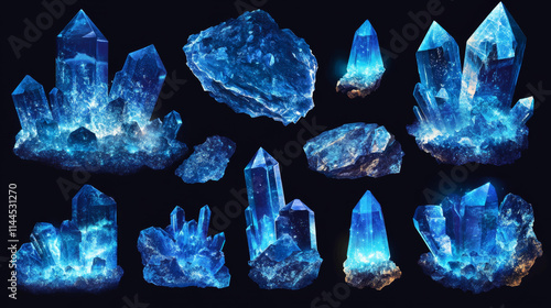 Crystal clusters with blue glowing light aura, quartz or crystalline mineral. Unfaceted rough glowing rocks stalagmites, isolated jewelry precious or semiprecious gem stones, Realistic 3d vector set photo