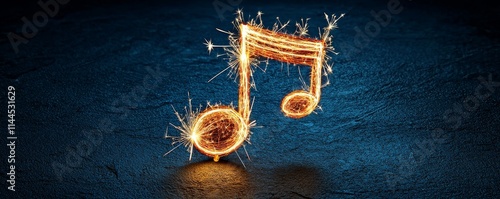 Sparklers and music for the New Year. Sparkling musical note on a dark background.