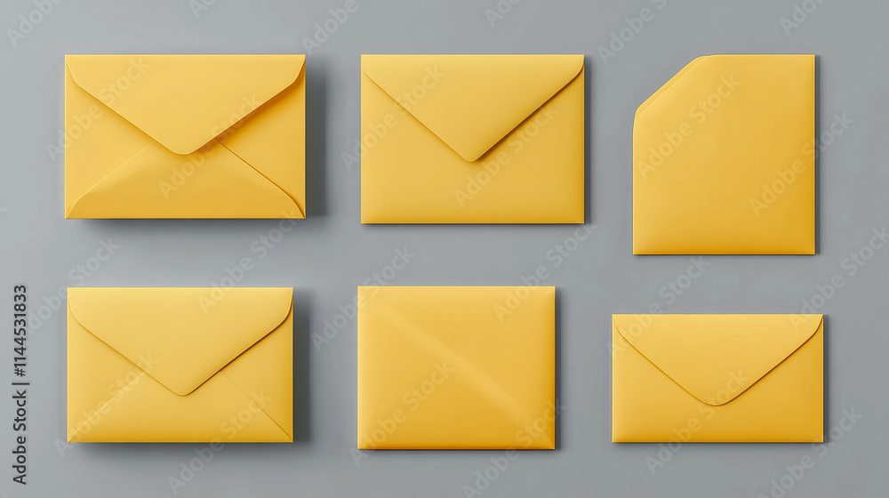 Yellow envelopes with stamps. Blank closed and open paper covers, vertical and horizontal letter packages mock up for mail, letters, sending documents and messages, Realistic 3d vector template set Yellow envelopes with stamps. Blank closed and open paper covers, vertical and horizontal letter packages mock up for mail, letters, sending documents and messages, Realistic 3d vector template set