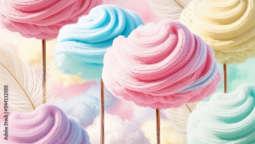 A dreamy collection of fluffy cotton candy sticks in vibrant pastel shades, evoking sweet, whimsical vibes. photo