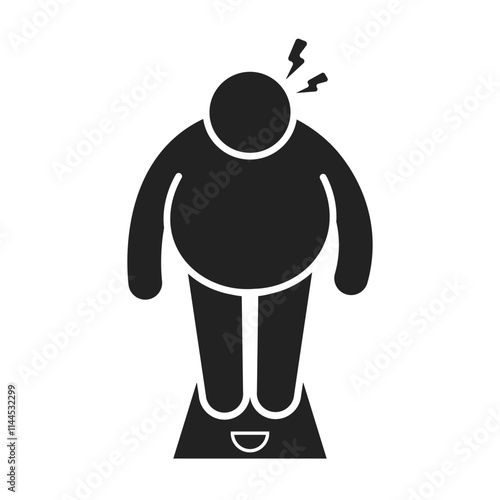 Isolated pictogram fat person weight measure on scale, shocked big belly man