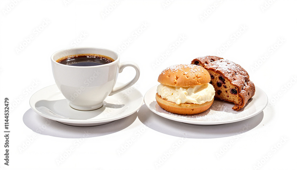 Coffee cup with cream pastry and chocolate cake on white background, copy space, trendy food photography Coffee cup with cream pastry and chocolate cake on white background, copy space, trendy food photography