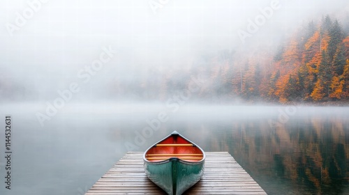 Tranquil Early Morning Mist Over Quiet Lake with Canoe on Peaceful Dock